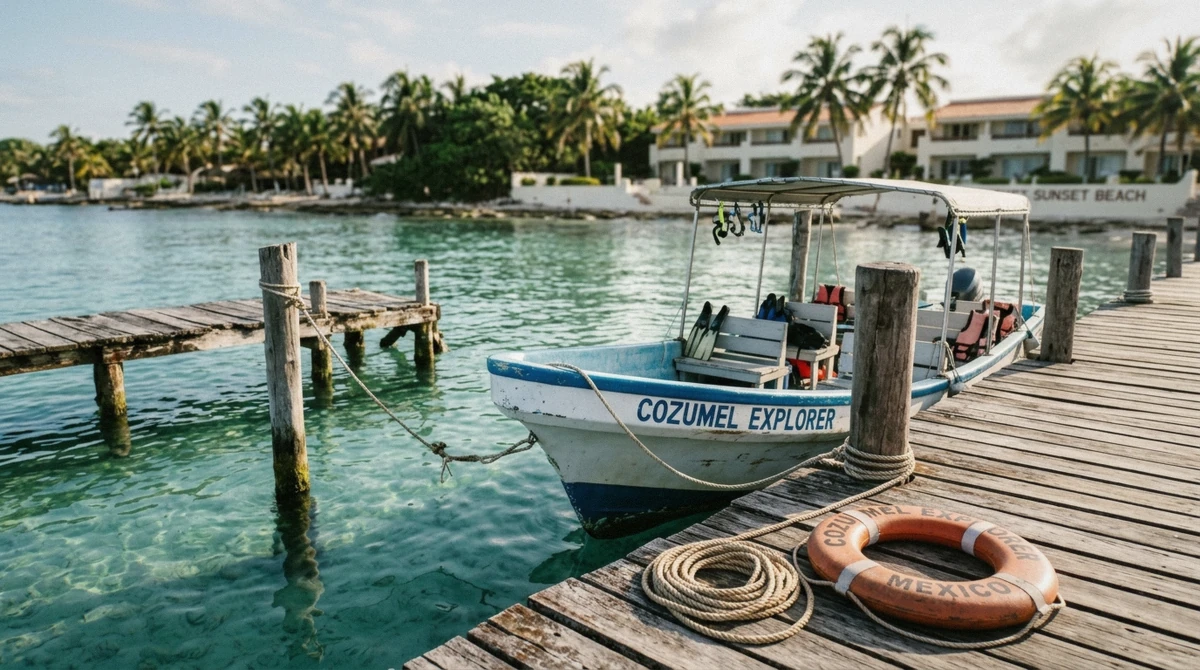 A snorkel boat tied up at a wooden pier on the turquoise Cozumel waterfront for a 4-reef snorkel tour with hotel dock pickup