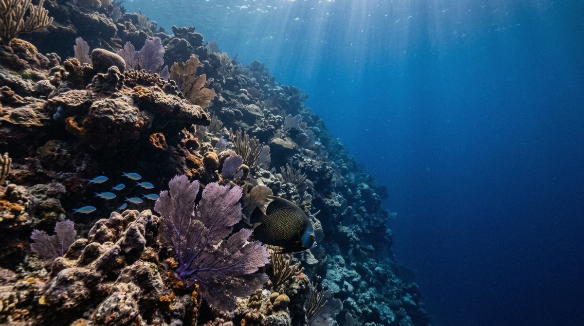 The coral wall and sea fans of Palancar reef dropping into deep blue water on a Cozumel 3-reef snorkeling boat tour