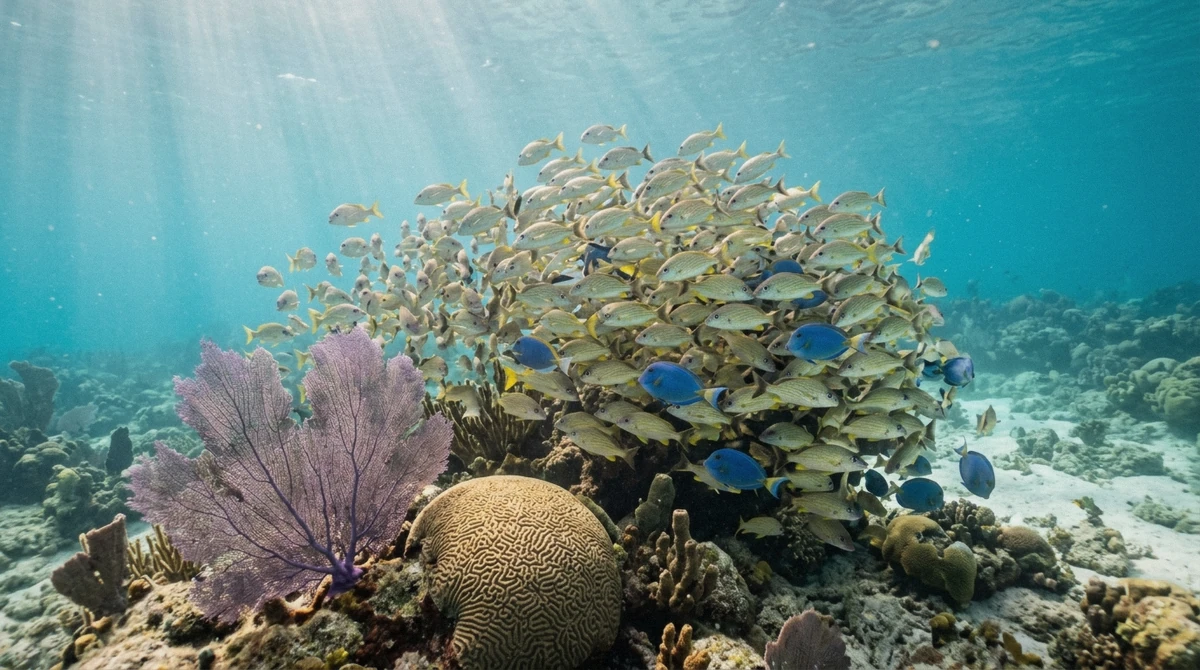A school of grunts hovering over a coral reef in clear turquoise water on a Cozumel transparent boat snorkeling tour